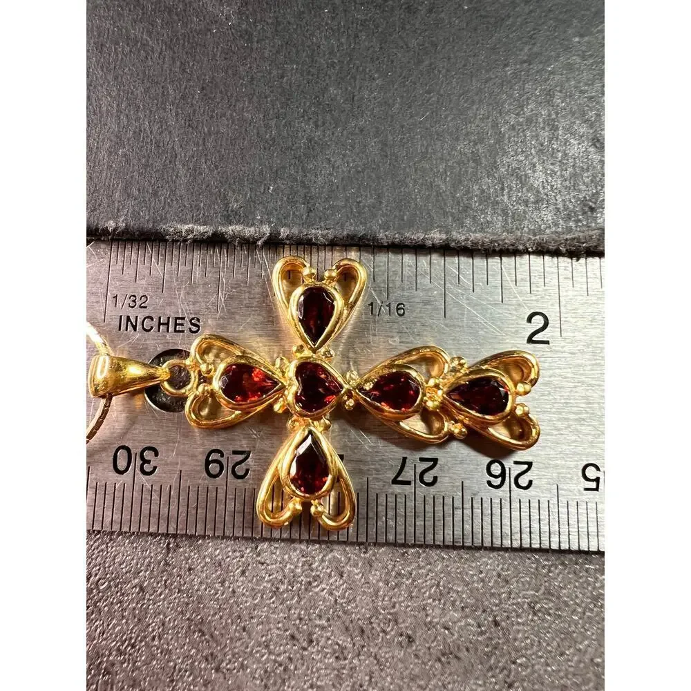 Vintage SETA Garnet Cross Pendant Necklace Gold Tone 24” - Picture 13 of 13